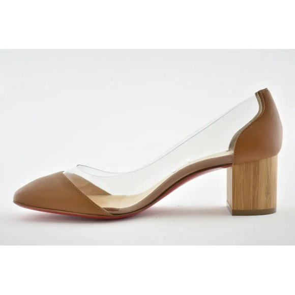 Christian Louboutin Grandola 55 Brown Leather PVC Bois Block Heel Sandal Pump 37 - Picture 8 of 12